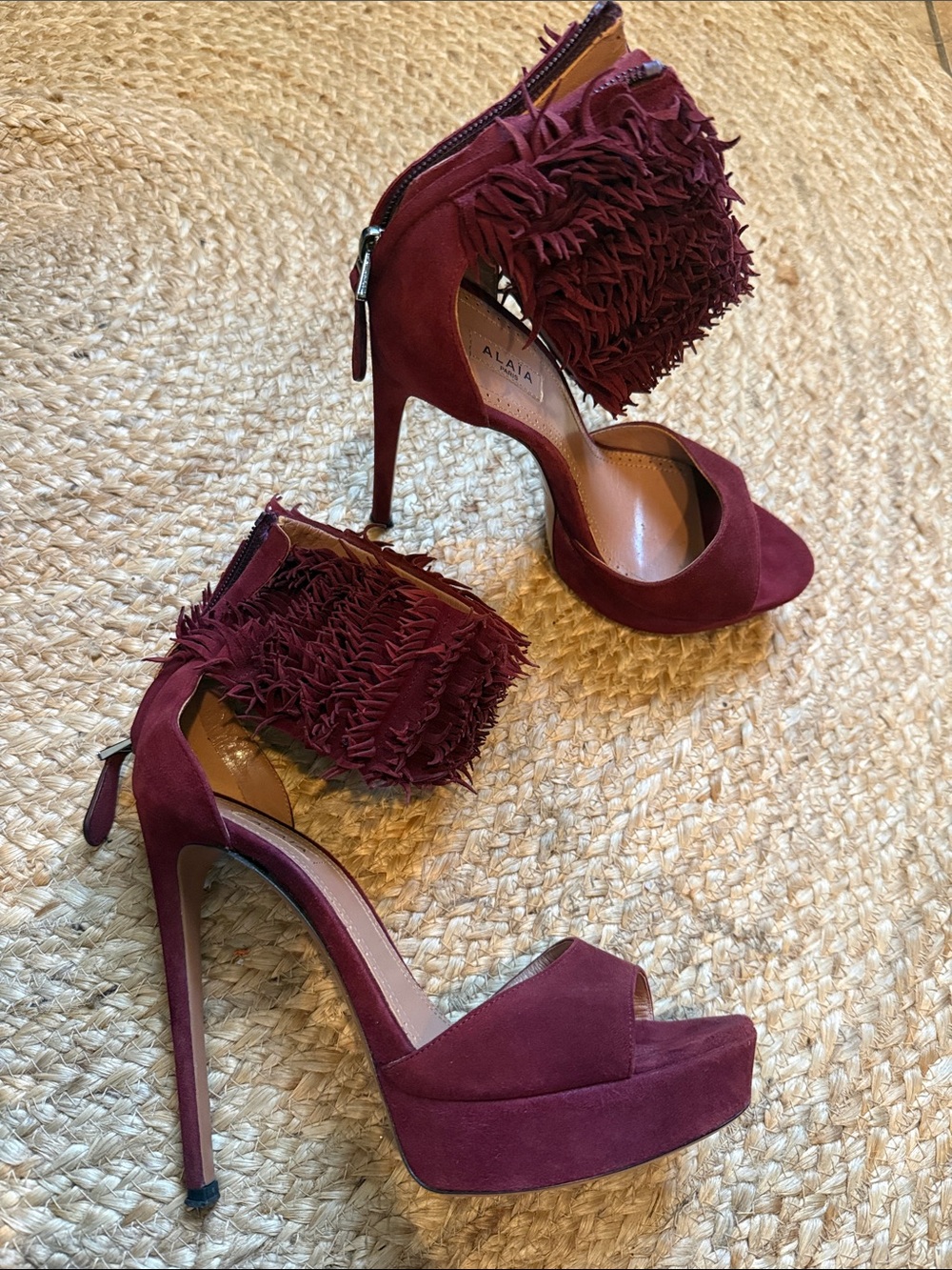 Alaia Burgundy Suede Fringe Platform Heels